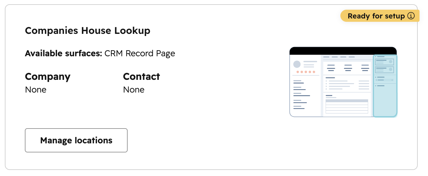 HubSpot app card setup screen with Manage locations button