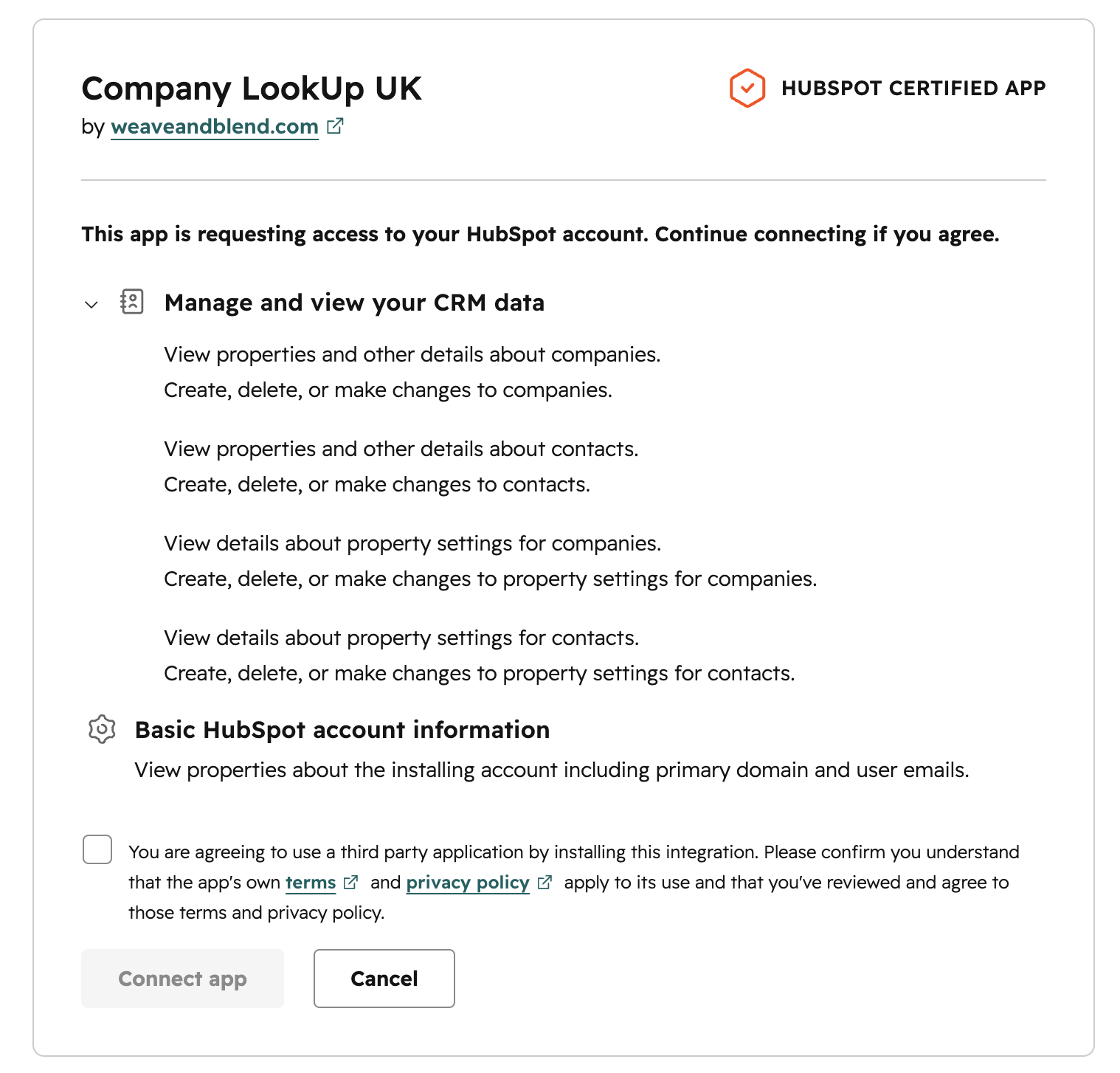 HubSpot permission approval screen for Company LookUp UK