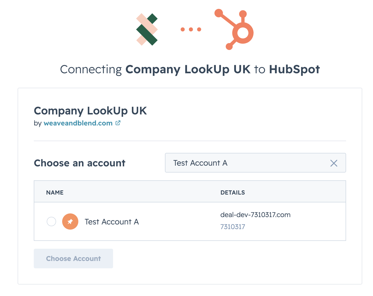 HubSpot account selection screen for Company LookUp UK