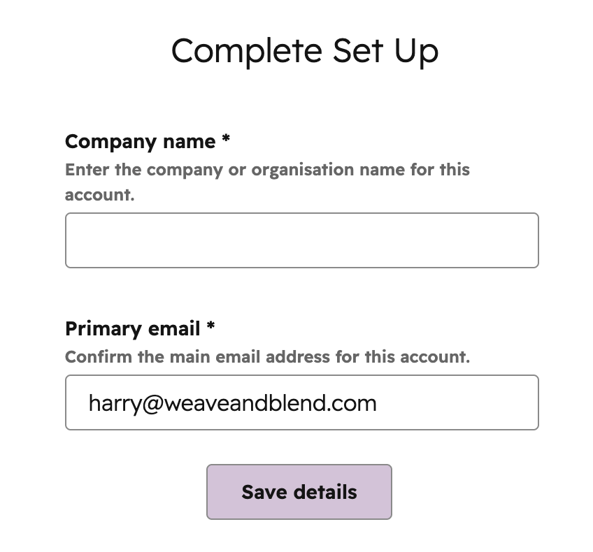 Company LookUp UK setup screen with company name and primary email fields
