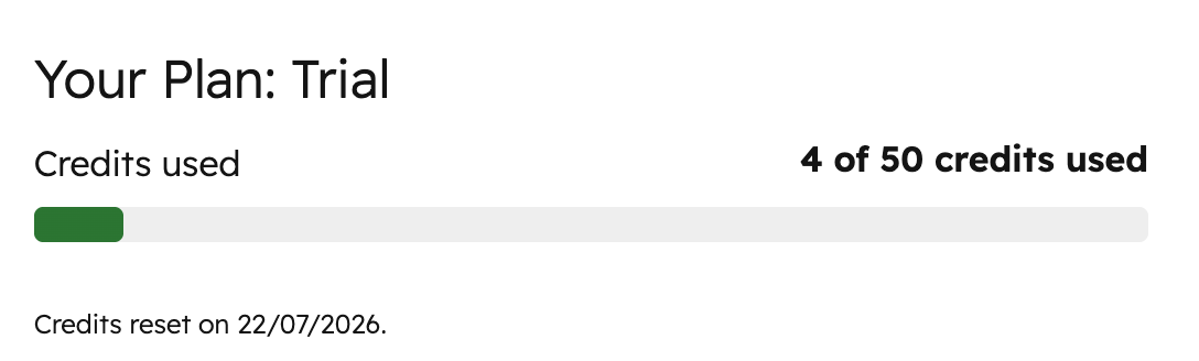 Companies House LookUp App Settings showing trial credit usage and credit reset date
