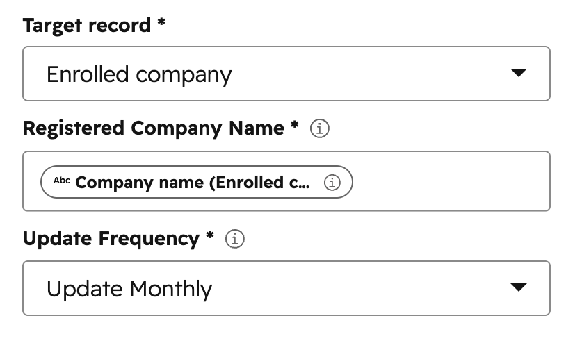 HubSpot workflow action configuration for Search by Registered Company Name