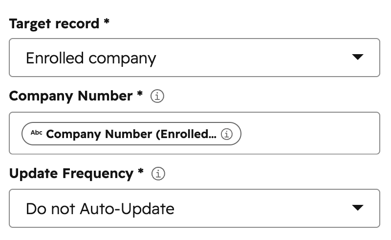 HubSpot workflow action configuration for Search by Company Number